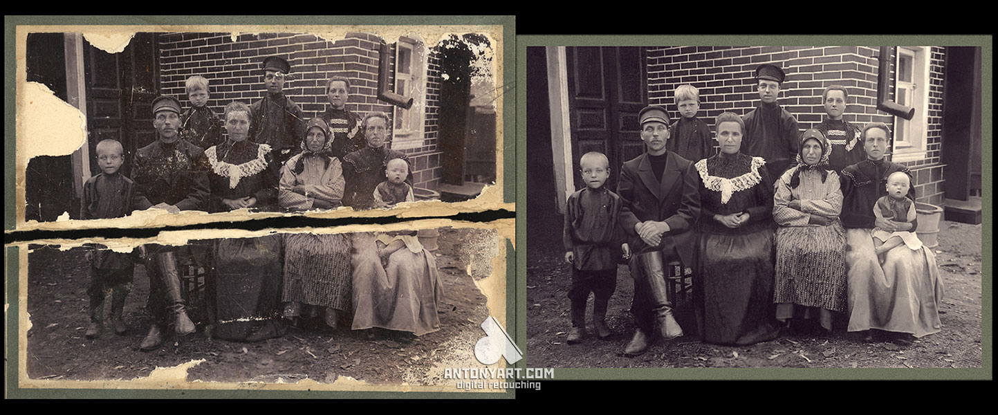 torn family photograph before and after restoration
